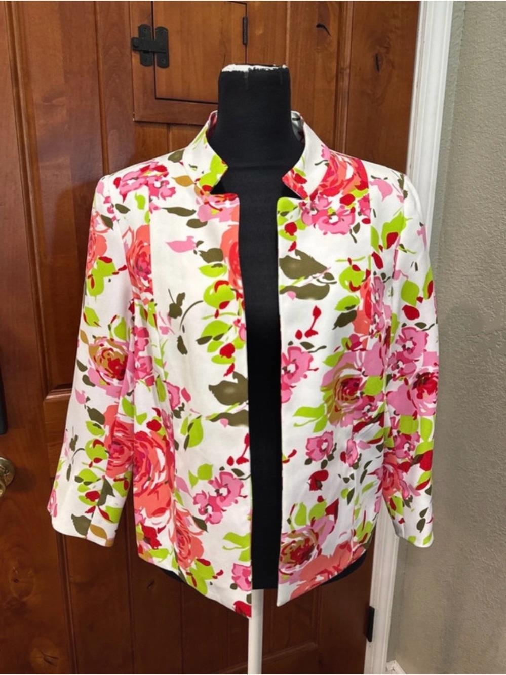 Kim Rogers White Floral Open Blazer with Pink & Lime Accents